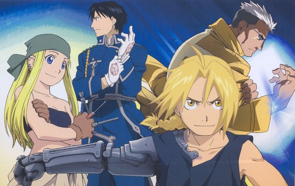 Anime picture 1969x1245 with fullmetal alchemist brotherhood edward elric winry rockbell roy mustang scar (fullmetal alchemist) long hair highres short hair blue eyes black hair blonde hair smile yellow eyes multiple boys scar mechanical parts girl boy gloves uniform