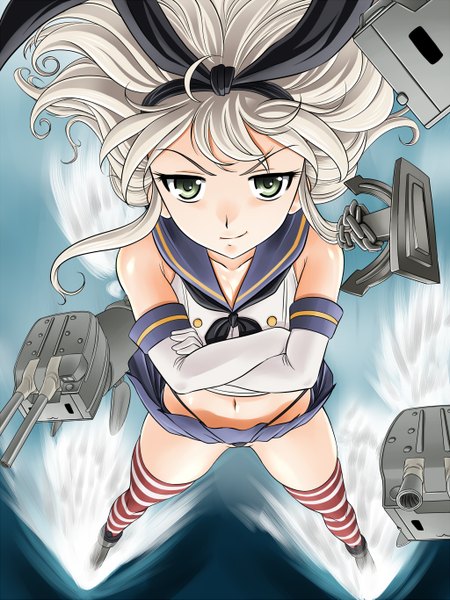 Anime picture 1024x1365 with kantai collection shimakaze destroyer rensouhou-chan glamour works single long hair tall image looking at viewer light erotic smile standing green eyes silver hair pleated skirt from above midriff spread legs crossed arms messy hair smirk