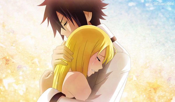 Anime picture 1600x930 with fairy tail lucy heartfilia gray fullbuster milady666 long hair short hair black hair blonde hair wide image eyes closed profile hug tears girl boy