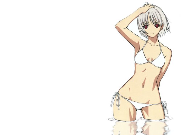 Anime picture 1600x1200 with tony taka looking at viewer short hair light erotic simple background smile red eyes white background grey hair reflection girl navel swimsuit water