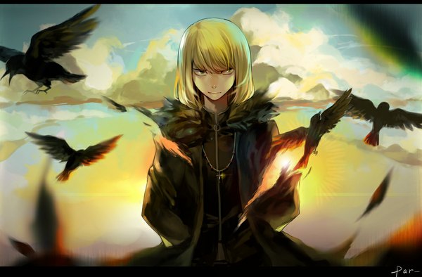Anime picture 1000x658 with death note madhouse mello (mihael keehl) par single fringe short hair blonde hair green eyes signed looking away sky cloud (clouds) sunlight letterboxed hands in pockets boy animal bird (birds) pendant