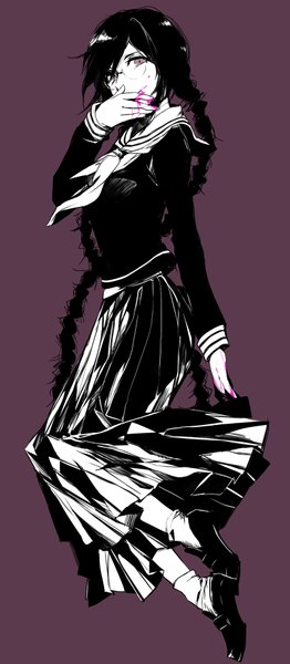 Anime picture 832x1900 with dangan ronpa fukawa touko hug (yourhug) single tall image looking at viewer fringe black hair simple background smile holding bent knee (knees) braid (braids) very long hair pleated skirt grey eyes twin braids purple background girl skirt