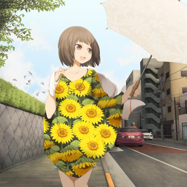 Anime picture 1200x1200 with original yajirushi (chanoma) single short hair open mouth brown hair brown eyes sky cloud (clouds) sunlight city floral print street girl flower (flowers) animal bird (birds) building (buildings) umbrella necklace