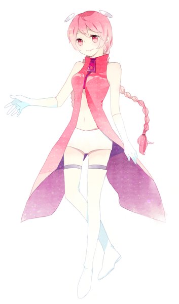 Anime picture 1924x3262 with vocaloid momoka (vocaloid) kyang692 single long hair tall image looking at viewer blush highres simple background smile white background bare shoulders pink hair braid (braids) pink eyes girl gloves navel elbow gloves