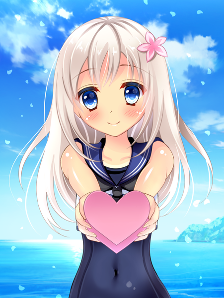 Anime picture 677x900 with kantai collection ro-500 submarine u-511 submarine yuzukaze rio single long hair tall image looking at viewer blush blue eyes smile sky silver hair cloud (clouds) hair flower shiny skin covered navel horizon valentine girl