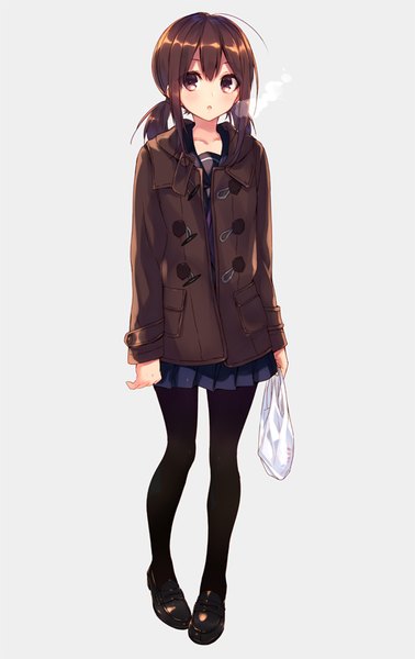 Anime picture 527x835 with original suisen single tall image blush fringe short hair hair between eyes brown hair twintails holding brown eyes payot full body ahoge pleated skirt :o legs exhalation girl