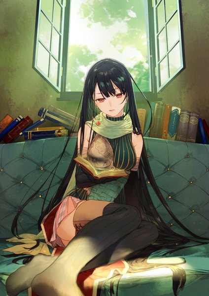 Anime picture 2893x4092 with atelier (series) atelier firis gust (company) liane mistlud noco (adamas) single tall image looking at viewer fringe highres light erotic black hair red eyes sitting bare shoulders holding full body bent knee (knees) indoors very long hair