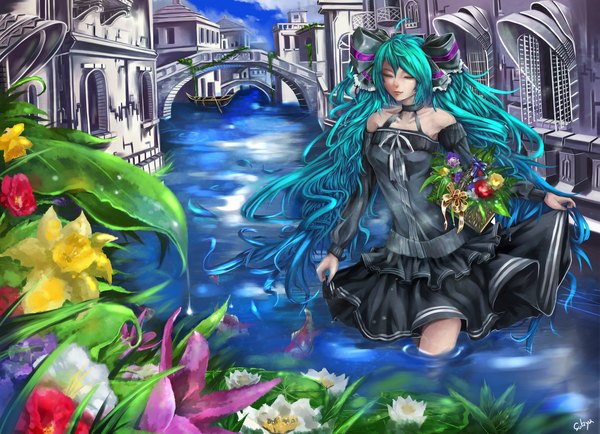 Anime picture 2000x1448 with vocaloid hatsune miku sukya (artist) single long hair highres twintails bare shoulders eyes closed green hair city girl dress flower (flowers) bow plant (plants) hair bow detached sleeves water black dress