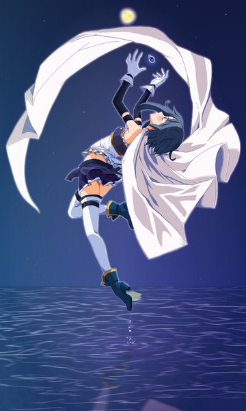Anime picture 1139x1898 with mahou shoujo madoka magica shaft (studio) miki sayaka 8041mm single tall image short hair blue eyes blue hair girl thighhighs gloves miniskirt white thighhighs water elbow gloves moon