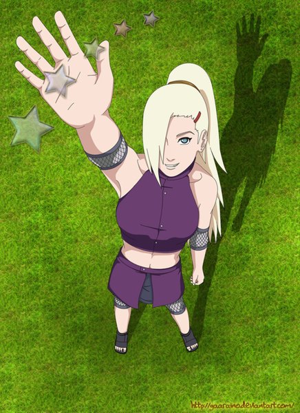 Anime picture 2000x2753 with naruto studio pierrot naruto (series) yamanaka ino single long hair tall image highres blue eyes blonde hair smile full body from above shadow looking up girl hair ornament plant (plants) hairclip star (symbol)