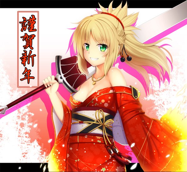 Anime picture 1304x1200 with fate (series) fate/grand order fate/apocrypha mordred (fate) benitsuki tsubasa single long hair blush light erotic blonde hair smile bare shoulders green eyes ponytail traditional clothes japanese clothes inscription grin hieroglyph girl