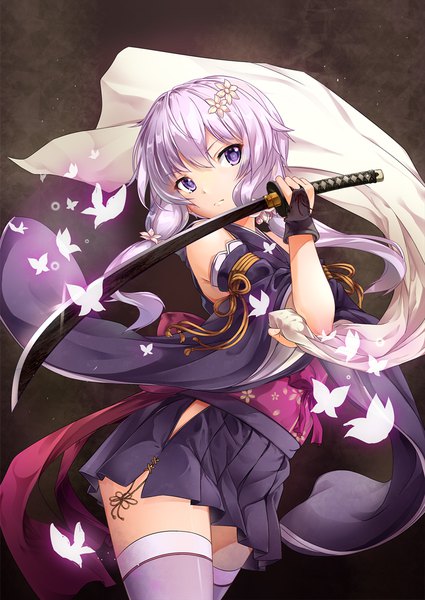 Anime picture 800x1130 with vocaloid voiceroid yuzuki yukari bug (artist) single long hair tall image looking at viewer fringe simple background hair between eyes purple eyes twintails holding purple hair head tilt pleated skirt hair flower zettai ryouiki low twintails