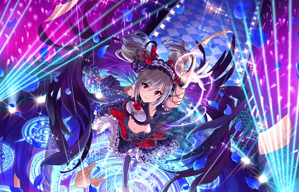 Anime picture 2560x1648 with idolmaster idolmaster cinderella girls idolmaster cinderella girls starlight stage kanzaki ranko single long hair looking at viewer fringe highres hair between eyes red eyes twintails from above grey hair magic drill hair walking frilly skirt dark princess of roses girl