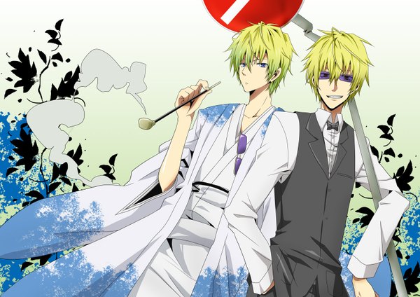 Anime picture 1500x1062 with durarara!! brains base (studio) natsu (360c) short hair blue eyes blonde hair japanese clothes smoking boy bowtie sunglasses suit yukata pipe traffic sign kiseru