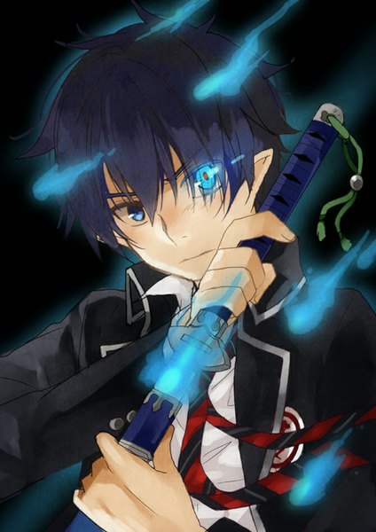 Anime picture 670x948 with ao no exorcist a-1 pictures okumura rin kurot single tall image looking at viewer fringe short hair blue eyes black hair simple background glowing black background glowing eye (eyes) open collar boy uniform weapon school uniform