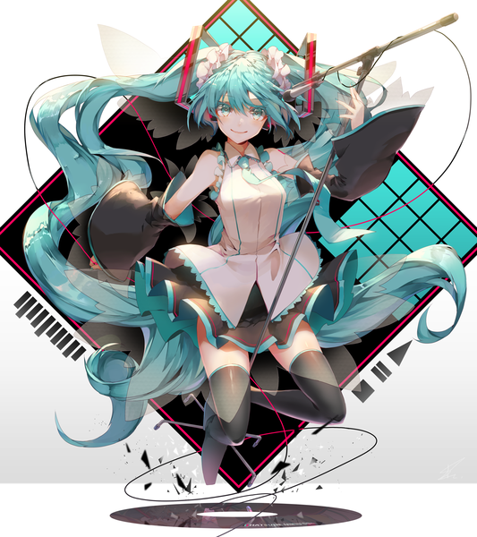 イラスト 2140x2408 と ボーカロイド 初音ミク saihate (d3) ソロ 長身像 カメラ目線 赤面 前髪 highres 笑顔 hair between eyes ツインテール 全身 very long hair pleated skirt aqua eyes aqua hair wide sleeves jumping 女の子