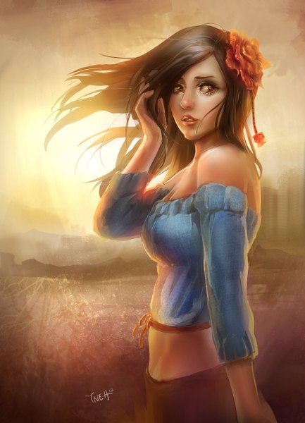 Anime picture 1748x2419 with original tn3h single long hair tall image highres brown hair bare shoulders brown eyes signed hair flower wind lips adjusting hair evening sunset girl hair ornament flower (flowers)