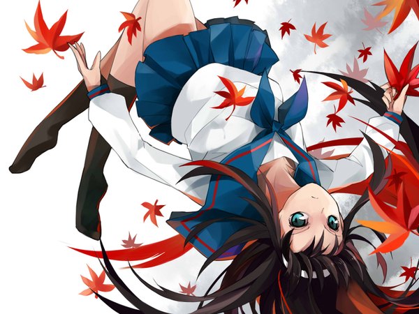 Anime picture 1600x1200 with shingetsutan tsukihime type-moon toono akiha masin0201 single long hair black hair simple background brown hair white background holding aqua eyes grey background jumping girl uniform school uniform leaf (leaves)