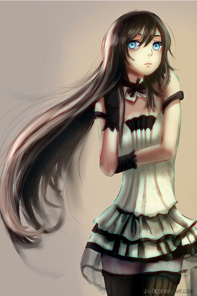 Anime picture 600x900 with original jaezx single long hair tall image fringe blue eyes black hair simple background standing bare shoulders adjusting hair girl thighhighs dress gloves black thighhighs black gloves