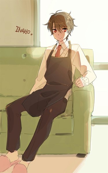 Anime picture 600x965 with aldnoah.zero a-1 pictures kaizuka inaho isf single tall image fringe short hair red eyes brown hair sitting looking away character names uniform school uniform shoes apron couch slippers