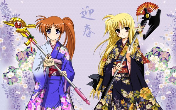 Anime picture 1920x1200 with mahou shoujo lyrical nanoha mahou shoujo lyrical nanoha strikers fate testarossa takamachi nanoha highres blue eyes blonde hair red eyes wide image multiple girls japanese clothes orange hair side ponytail girl 2 girls yukata