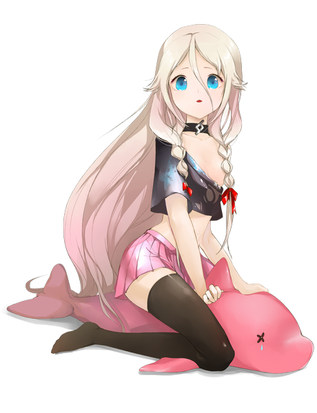 Anime picture 1100x1434 with vocaloid ia (vocaloid) single long hair tall image blue eyes blonde hair braid (braids) transparent background girl thighhighs skirt black thighhighs miniskirt pink skirt