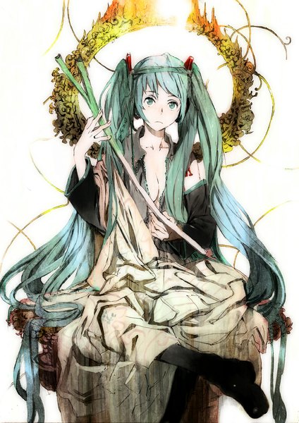 Anime picture 830x1174 with vocaloid hatsune miku humi (artist) single tall image looking at viewer simple background white background sitting twintails cleavage very long hair aqua eyes aqua hair girl detached sleeves headphones vegetables shawl leek