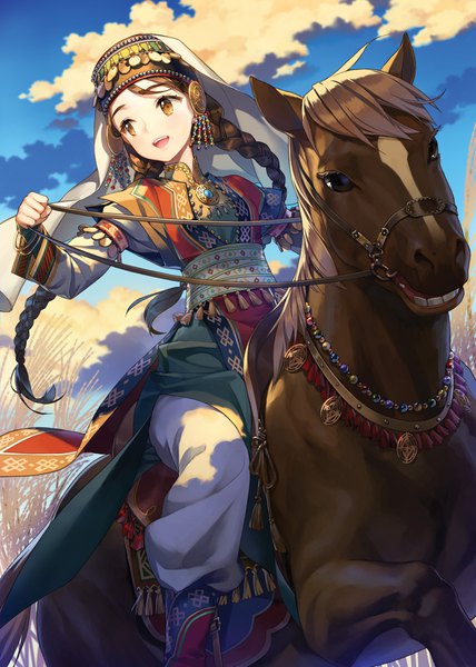 Anime picture 700x982 with original salt (salty) single long hair tall image open mouth brown hair brown eyes looking away sky cloud (clouds) outdoors braid (braids) traditional clothes :d from below twin braids riding girl animal