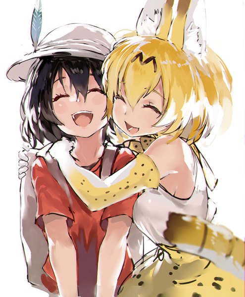 Anime picture 660x800 with kemono friends serval (kemono friends) kaban (kemono friends) nauribon tall image fringe short hair open mouth black hair simple background blonde hair smile hair between eyes white background bare shoulders multiple girls animal ears tail eyes closed :d