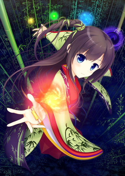 Anime picture 714x1000 with original iwamoto sora single long hair tall image looking at viewer fringe blue eyes smile brown hair traditional clothes japanese clothes light smile from above night magic side ponytail spread arms outstretched hand weightlessness