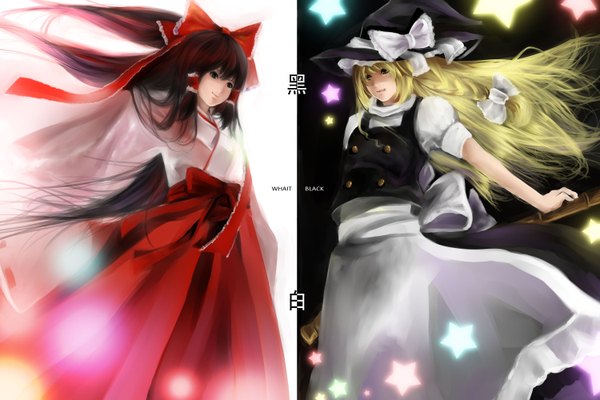 Anime picture 3000x2000 with touhou hakurei reimu kirisame marisa yi denka long hair highres blonde hair smile brown hair multiple girls yellow eyes braid (braids) grey eyes multiview miko witch girl skirt bow 2 girls