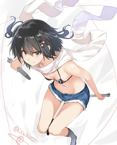 Anime picture 850x1051 with kantai collection sendai light cruiser isshiki (ffmania7) single tall image fringe short hair breasts light erotic black hair simple background smile hair between eyes white background bare shoulders holding brown eyes signed looking away bent knee (knees)