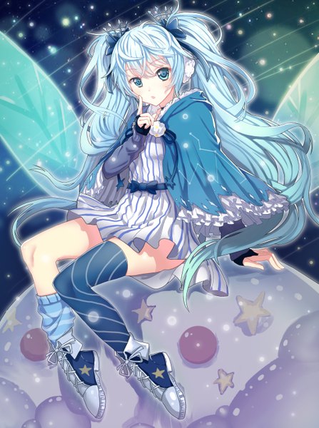 Anime picture 2066x2775 with vocaloid hatsune miku fuyu no yoru miku chunrijun (springer) single tall image looking at viewer blush highres open mouth blue eyes blue hair full body very long hair girl thighhighs dress bow hair bow wings