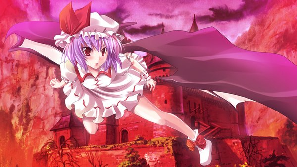 Anime picture 1047x589 with touhou remilia scarlet maki (artist) short hair wide image blue hair flying girl ribbon (ribbons) hat wings