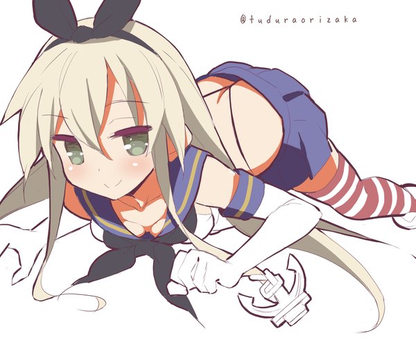 Anime picture 1400x1140 with kantai collection shimakaze destroyer 9law single long hair blush light erotic blonde hair smile white background green eyes lying on stomach sailor collar butt crack girl thighhighs skirt gloves underwear