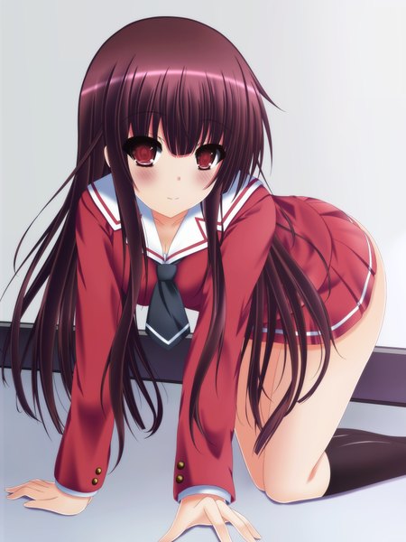 Anime picture 3000x4000 with re-kan! amami hibiki toyokawa itsuki (p mayuhime) single long hair tall image looking at viewer blush highres light erotic smile red eyes brown hair girl uniform school uniform socks black socks