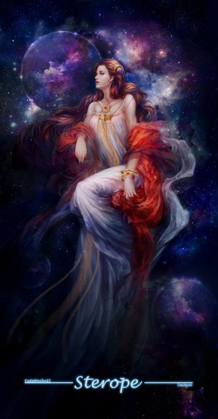 Anime picture 1024x1963 with original saceya-yami (artist) single long hair tall image brown hair sitting bare shoulders green eyes looking away profile sleeveless space girl dress hair ornament bracelet star (stars) beads planet