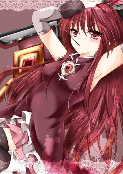 Anime picture 1300x1834 with mahou shoujo madoka magica shaft (studio) sakura kyouko honeylip single long hair tall image red eyes red hair armpit (armpits) girl detached sleeves sweets pocky