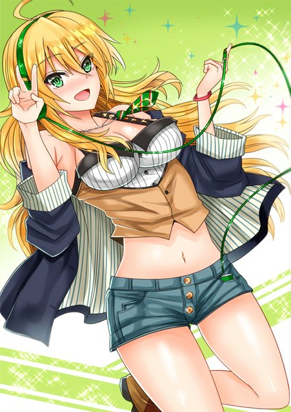 Anime picture 640x905 with idolmaster hoshii miki inu (marukome) single long hair tall image looking at viewer blush fringe breasts open mouth blonde hair smile green eyes bare belly midriff girl navel shorts short shorts