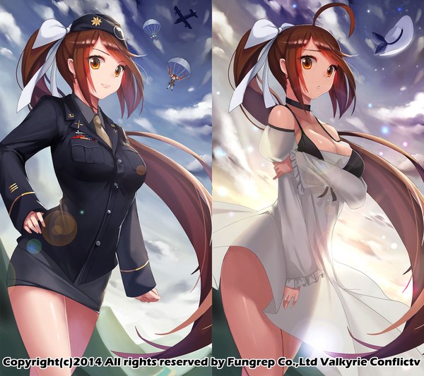 Anime picture 2160x1920 with valkyrie conflict nuclear warhead (anti) fringe highres brown hair standing multiple girls brown eyes sky cloud (clouds) ahoge ponytail very long hair hand on hip multiview girl dress uniform bow 2 girls