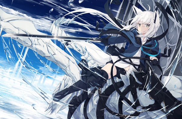 Anime picture 1392x910 with original nagishiro mito single long hair looking at viewer blush fringe holding animal ears yellow eyes sky ahoge bent knee (knees) white hair zettai ryouiki fox ears outstretched arm fox girl fantasy riding