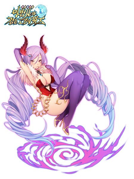 Anime picture 750x1000 with original byulzzimon single tall image blush breasts light erotic red eyes large breasts white background twintails purple hair very long hair horn (horns) legs drill hair finger to mouth girl