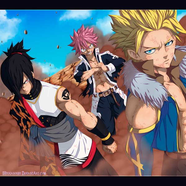 Anime picture 2200x2200 with fairy tail natsu dragneel sting eucliffe rogue cheney hyugasosby fringe highres short hair blue eyes black hair blonde hair smile red eyes yellow eyes pink hair sky cloud (clouds) ponytail hair over one eye multiple boys