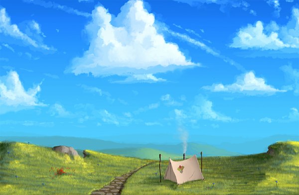 Anime picture 1182x774 with original warlockss (artist) sky cloud (clouds) smoke landscape field road tent
