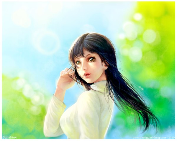 Anime picture 2803x2242 with original phungdinhdung single long hair fringe highres open mouth black hair brown eyes sky wind sunlight girl leaf (leaves)