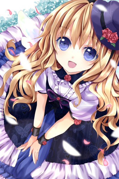Anime picture 800x1200 with original nanase nao single long hair tall image looking at viewer open mouth blue eyes blonde hair girl dress hat petals