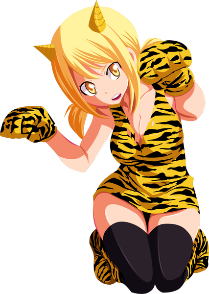 Anime picture 2098x2947 with fairy tail lucy heartfilia khalilxpirates single long hair tall image highres open mouth light erotic blonde hair yellow eyes horn (horns) kneeling coloring transparent background girl thighhighs black thighhighs