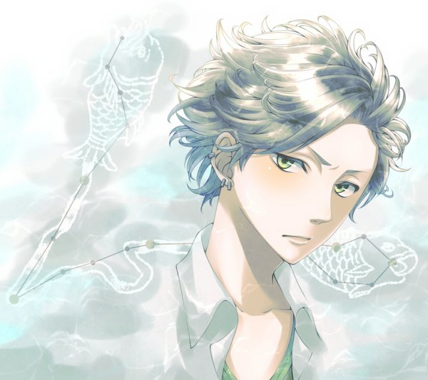 Anime picture 1152x1024 with starry sky kanata nanami single short hair green eyes silver hair piercing portrait open collar zodiac pisces (zodiac) boy earrings fish (fishes)