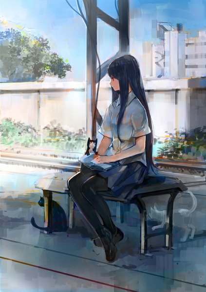 Anime picture 595x842 with original pump long hair tall image fringe black hair smile red eyes sitting looking away bent knee (knees) pleated skirt city cityscape street girl skirt animal shirt white shirt