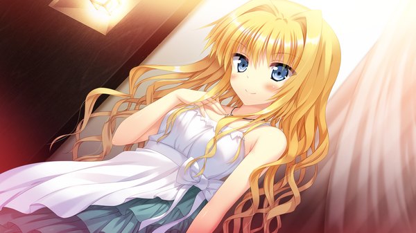 Anime picture 2048x1152 with koiken otome eve elaine austin single long hair looking at viewer blush highres blue eyes blonde hair smile wide image game cg girl dress